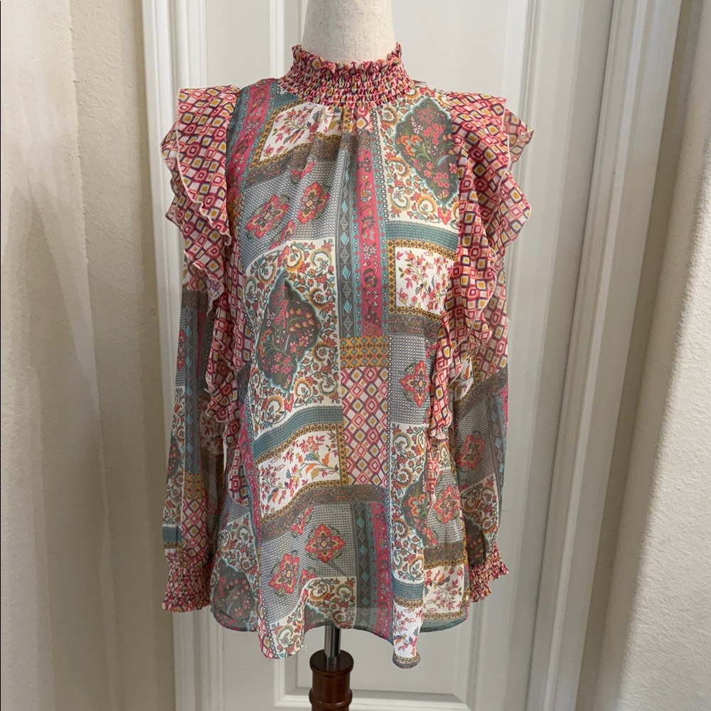 Ritu Kumar Pink & Teal Patchwork Ruffle High-Neck Sheer Blouse